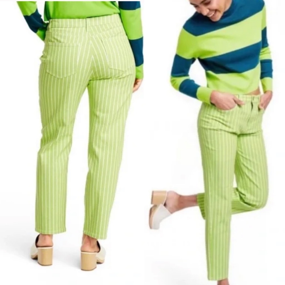 VICTOR GLEMAUD Pinstripe High Rise Acid Lime Crop Denim Jeans Size 10